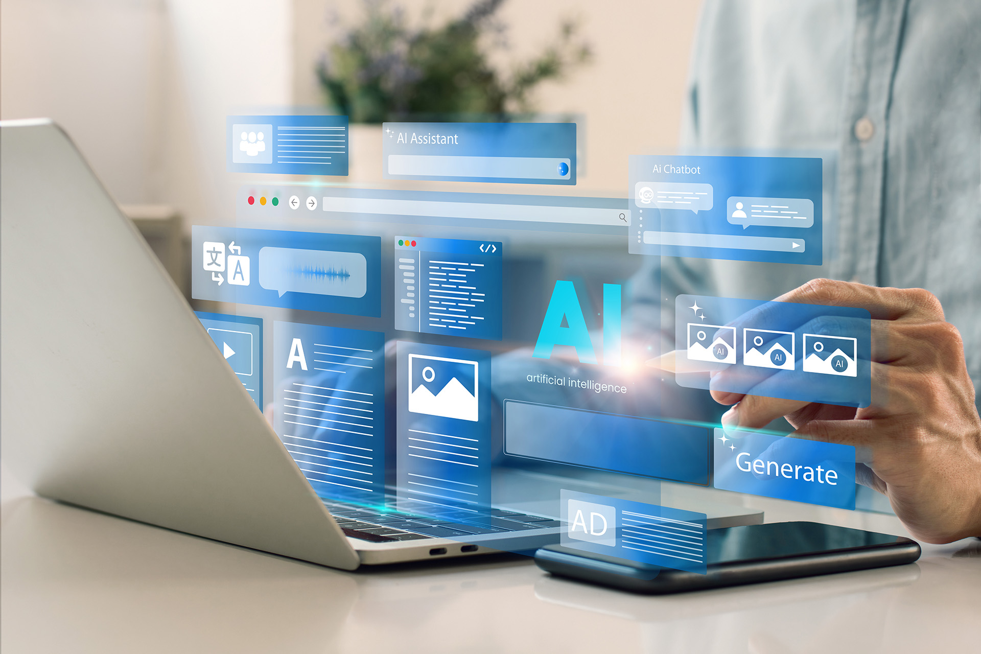 Persona al computer con interfacce digitali di intelligenza artificiale.